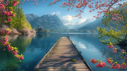 Zelfklevend Fotobehang the edge of a tranquil lake nestled amidst towering mountains and lush spring foliage © jamrut