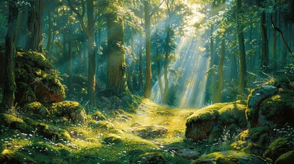 secluded forest glade bathed in dappled sunlight filtering through the canopy of budding trees. Moss-covered rocks dot the forest floor, surrounded by a carpet of fresh green ferns and delicate woodla