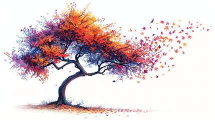 Smiling tree with colorful leaves dancing in the wind.