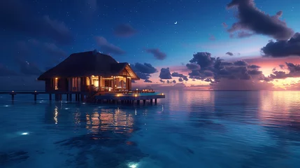 Papier Peint photo Bora Bora, Polynésie française Unleash the allure of a private island resort, surrounded by turquoise waters, overwater bungalows, and a romantic dinner setup under the stars.