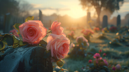 Tender Pink Roses on Cemetery Headstone at Sunrise, Eternal Love and Remembrance Concept, Generative Ai - obrazy, fototapety, plakaty