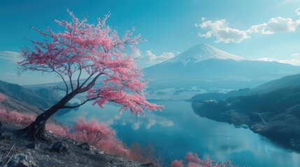 Tranquil hillsides dotted with cherry blossom trees in full bloom, framed by the distant silhouette of Mount Fuji. The peaceful atmosphere