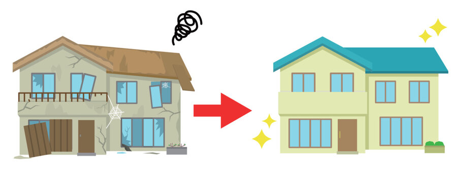 廃墟の古い家をきれいな一戸建てにリフォームする　イラスト