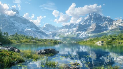 Grand mountain ranges stretching as far as the eye can see, with crystal-clear lakes reflecting the snow-capped peaks
