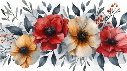 Watercolor floral background with red poppies