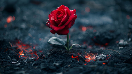 Rose Buried in Ashes with Copy Space, Symbolic Representation of Love and Loss, Generative Ai - obrazy, fototapety, plakaty