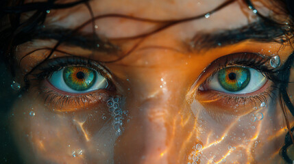 Close-up of a person's eyes peering out from water with light reflections on the surface.
