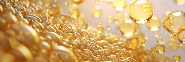 gold yellow bubbles, molecules with floating gold bubbles, Collagen Skin Serum and Vitamin bubbles in water, playful and vibrant, for beauty skin care cosmetics, spa products, or feminine brand,banner