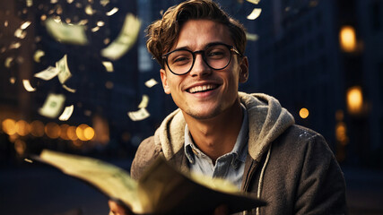 young man in glasses looking happy at notebook with dollars falling from the sky - obrazy, fototapety, plakaty
