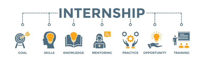 Internship banner web icon illustration concept with icon of goal, skills, knowledge, mentoring, practice, opportunity, and training