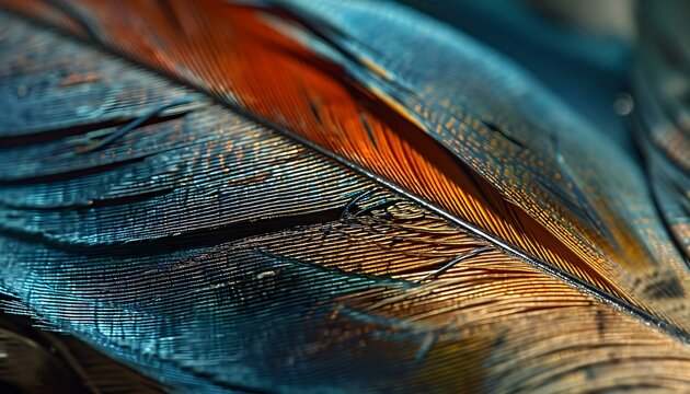a close up of a blue and orange feather