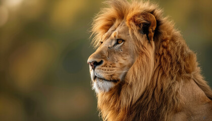 a lion in profile, with a regal mane, set against a bokeh background