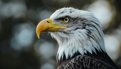 Fototapeta premium a close-up portrait of a bald eagle, showing its intense gaze, sharp yellow beak, and detailed white and brown feather plumage, with a bokeh background
