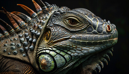 Fototapeta premium close-up of the intricate textures and patterns of an iguana's scales, with its sharp eye and spiky crest, creating a portrait of reptilian beauty and complexity