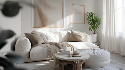 A cozy white living space with a plush couch, a round coffee table, and mockup frames capturing the essence of modern design, creating a peaceful haven.