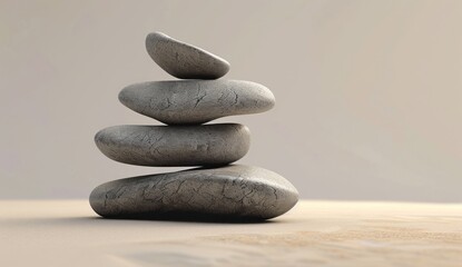 Five stones are stacked on top of each other against a light background, showcasing realistic figures, earthy color palettes, and humorous imagery.