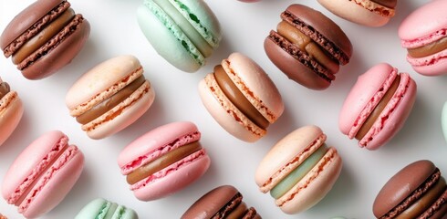 Obraz na płótnie Canvas Colorful macarons are presented on a white background, showcasing digitally enhanced aesthetics, dark tonality, and colors of light pink, dark cyan, light green, and brown.