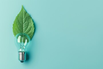 A green bulb, adorned with a green leaf and an energy-saving icon, is presented, showcasing a green eco lighting concept, minimalist collages, bright backgrounds