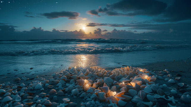 A surreal moonlit beach, with seashells arranged to create an intricate heart, offering a dreamy Valentine's setting.