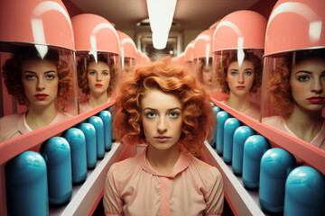 Housewife rebellion! A red-haired woman in a pink dress poses between two columns of female heads under hoods and two shelves with big blue pill capsules. Retro-futurism aesthetics