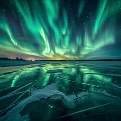 the aurora bore over a frozen lake at night