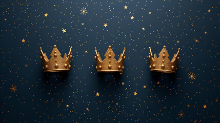 Three Shiny Golden Crowns on Navy Blue Background, Royal Crown Jewels Luxury Concept, Elegant Gold Crown Decor, Regal Symbol of Power and Authority, Majestic King or Queen Coronation, Generative AI

