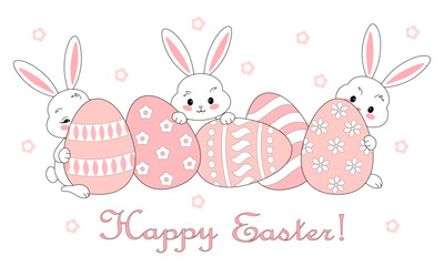 Easter eggs and bunnies peeking out from behind them, Easter celebration, vector illustration, card, decoration.