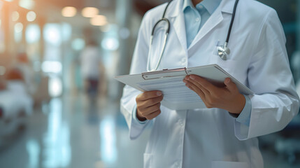 A doctor in a white coat with a stethoscope around his neck is holding a clipboard
