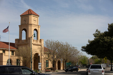 Tracy, California, USA - April 17, 2023: Afternoon sun shines on the historic downtown Train Station.