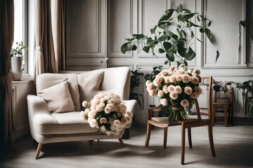 Bouquet of flowers near armchair indoors