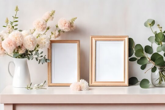 Trendy mock up with photo frame and flowers in vase in light pastel colors. A photo frame on a table or a shelf with eucalyptus flowers, copy space. Mock up with decor elements