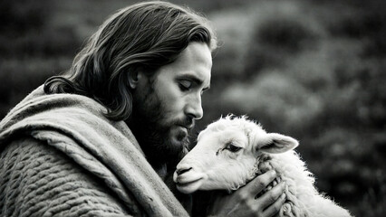 The hands of Jesus Christ gently holding a lamb. Conceptual image depicting a sense of protection and care