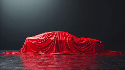 New Car Hidden Under Red Cover, Automobile Mystery Concept, Generative Ai