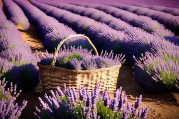 Basket with lavender flowers on sunny lavender field in summer