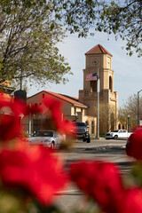 Tracy, California, USA - April 17, 2023: Afternoon sun shines on the historic downtown Train Station.