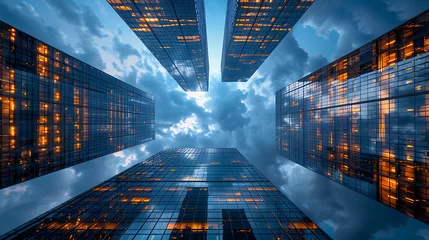 Fototapete Vereinigte Staaten Reflective skyscraper modern architecture building, office buildings. Bottom up view AI Image Generative
