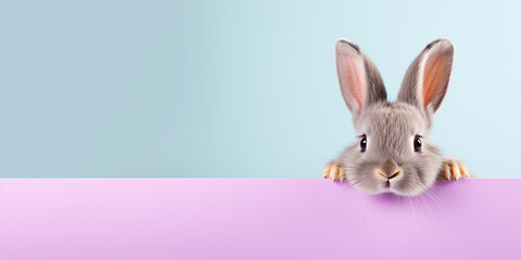Bunny peeking over violet board with pastel blue background