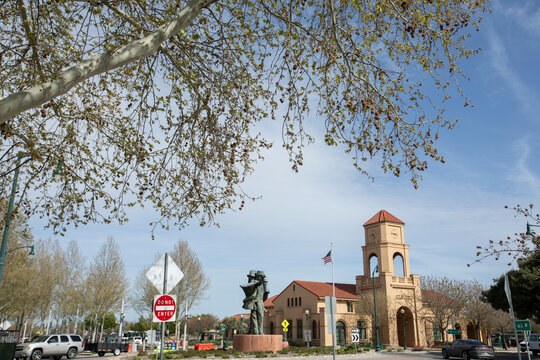 Tracy, California, USA - April 17, 2023: Afternoon sun shines on the historic downtown Train Station.