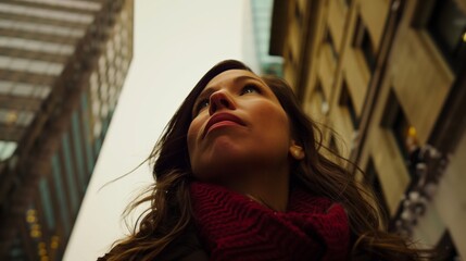 Beautiful woman in big city, low angle head shot from below