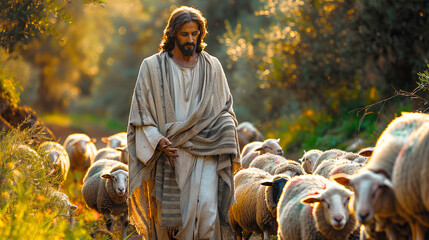 Bible shepherd and his flock of sheep in an Olive Grove.