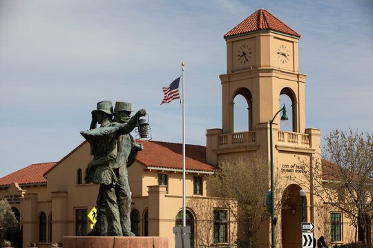 Tracy, California, USA - April 17, 2023: Afternoon sun shines on the historic downtown Train Station.