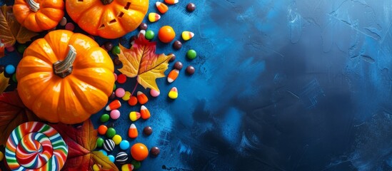 Colorful assortment of various candy sweets displayed on a vibrant blue background