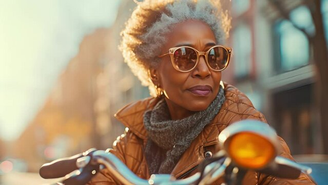 A senior woman confidently rides her bike through the city proving that age is just a number when it comes to staying active and enjoying outdoor activities.