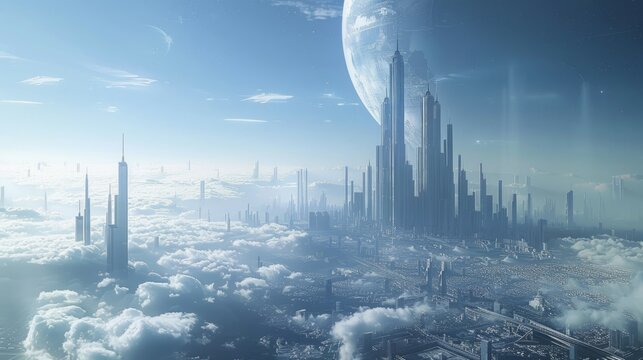 A futuristic metropolis with towering skyscrapers