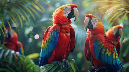 Colorful macaw parrots in a tropical forest