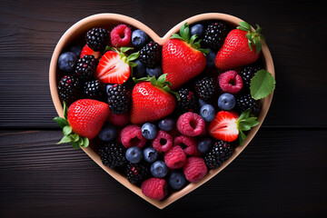 Heart shaped bowl with berry fruit mix on dark wooden background