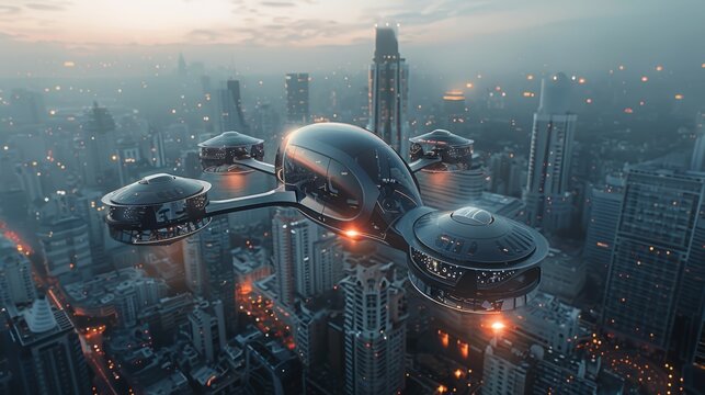 Futuristic cityscape with flying cars