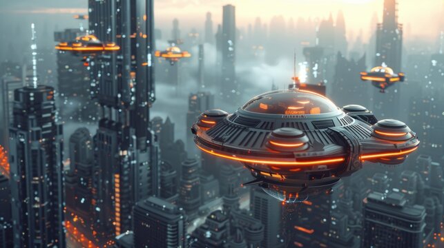 Futuristic cityscape with flying cars