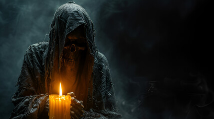 Scary Grim Reaper Standing Behind a Melting and Burning Candle, Horror Concept Art, Dark Fantasy Illustration, Halloween Spooky Scene, Fear and Death Symbolism, Generative AI

 - obrazy, fototapety, plakaty