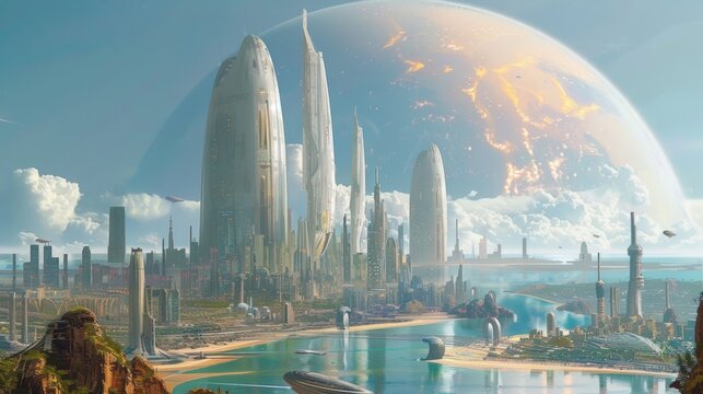 Space themed digital art depicting futuristic cities on other planets